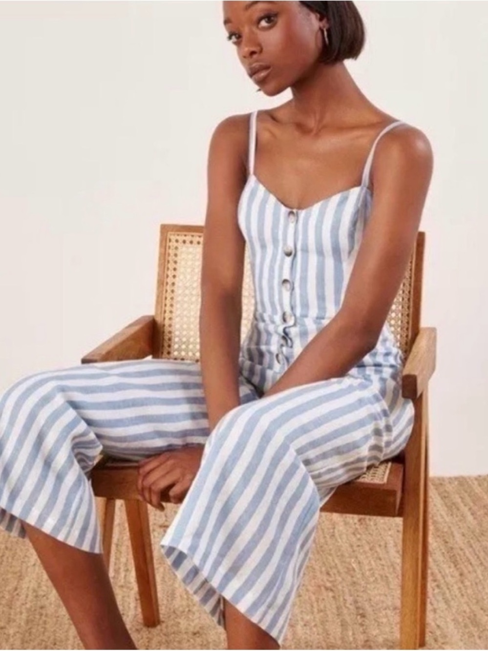 Reformation Torta Blue & White Striped Button-Front Linen Jumpsuit 4 small - Picture 5 of 11